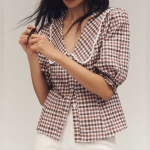 Anthropologie Maeve Button Down Shirt with Peter Pan Collar and Puff Sleeves S